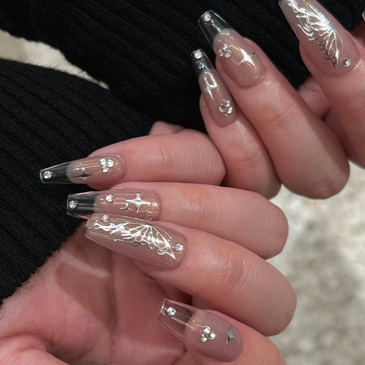 Enchanted Evening Long Coffin Clear Press On Nail Set with Embellished Charm and Sparkle Accents
