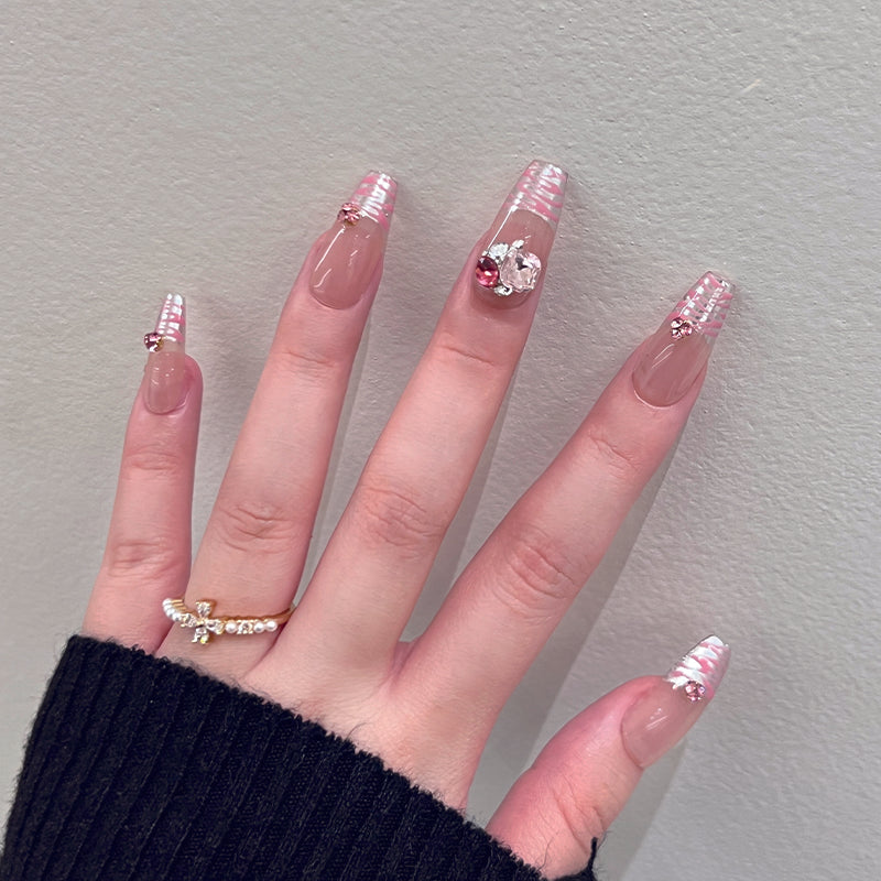 Elegant Affair Long Coffin Mauve Press On Nails with Rhinestone Accents and Stripe Detail