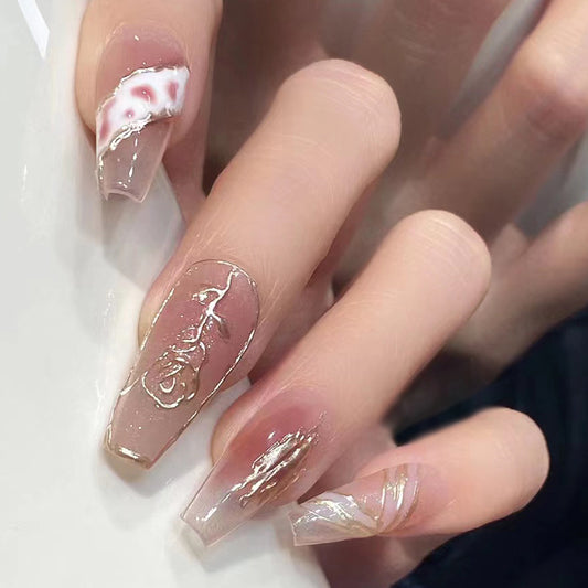 Elegant Marble Finish Long Coffin Pink Press On Nails Set with Metallic Accents