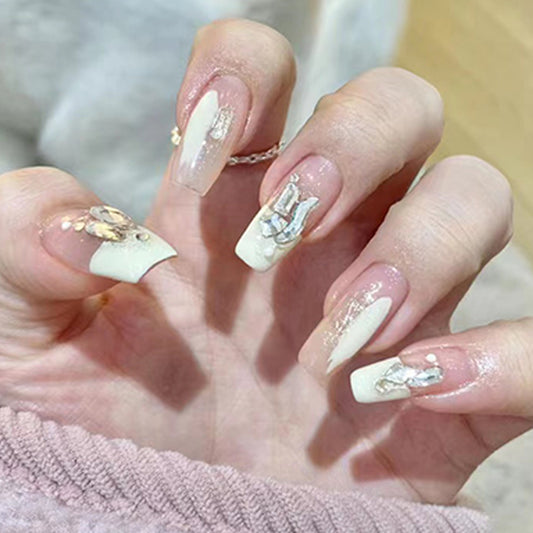 Elegant Bridal Long Coffin Beige Press On Nail Set with Glitter Accents and 3D Embellishments