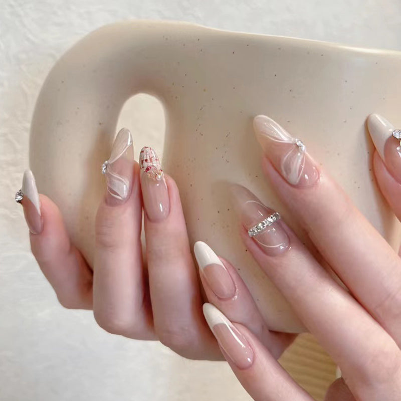 Elegant Soiree Long Almond Beige Press On Nail Set with Rhinestone Accents and Plaid Detail