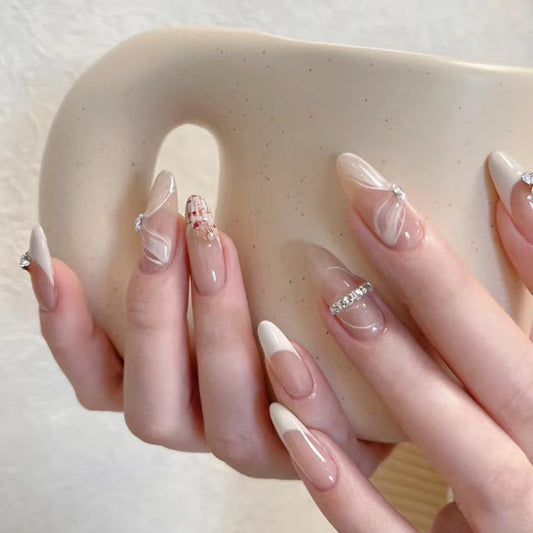 Elegant Soiree Long Almond Beige Press On Nail Set with Rhinestone Accents and Plaid Detail