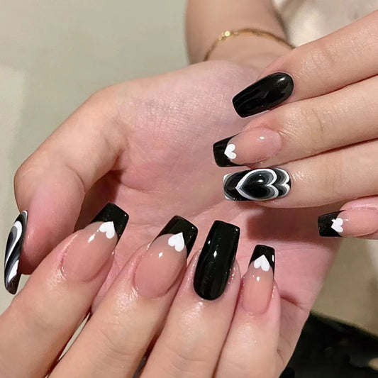 Enchanted Elegance Long Coffin Black and White Press On Nail Set with Heart Accents