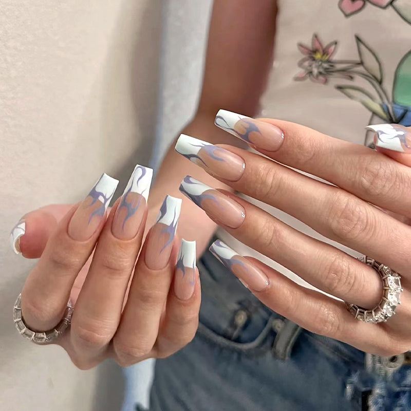 Bohemian Elegance Extra Long Coffin beige and Blue Swirl Accent Press on Nail Set with Transparent Tips