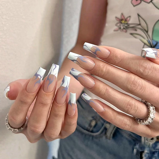 Bohemian Elegance Extra Long Coffin beige and Blue Swirl Accent Press on Nail Set with Transparent Tips