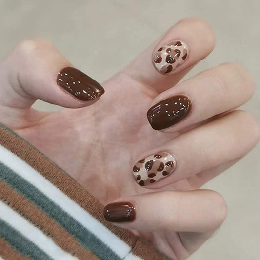 Coffee Shop Chic Medium Square Chocolate Brown and Tan Leopard Print Press On Nail Set