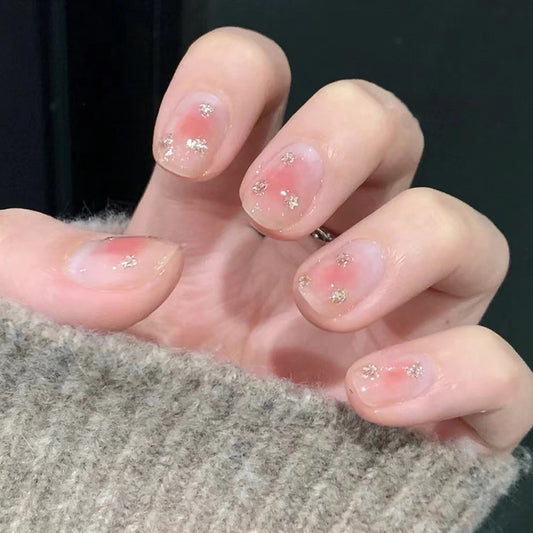 Elegant Floral Dream Natural Short Square Light Pink with Shimmering Star Accents Press On Nail Set