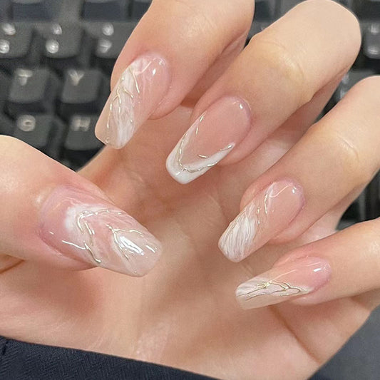 Chic Elegance Long Square Transparent Nails with Swirled Marble Design