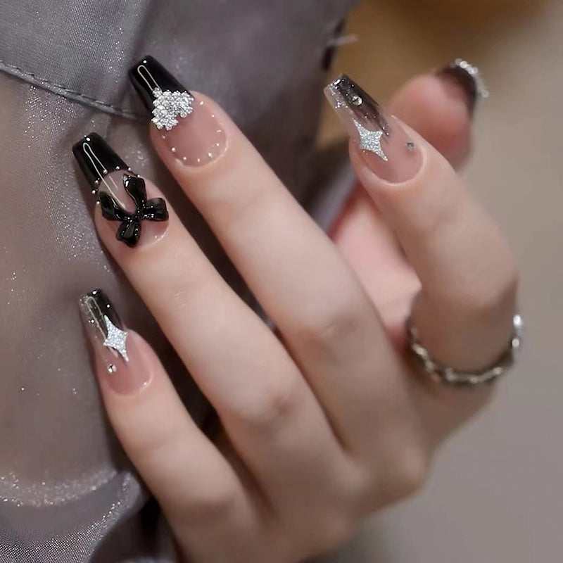Elegant Evening Long Coffin Black and Transparent Press On Nail Set with Glitter Accents and 3D Embellishments