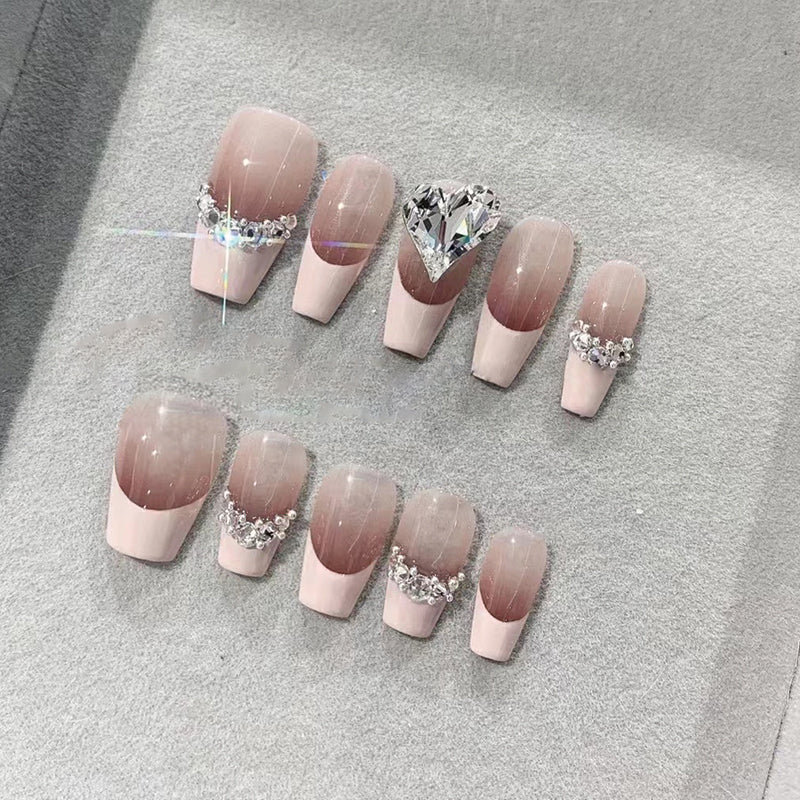 Elegant Bridal Collection Long Coffin Pink Press On Nail Set with Rhinestone Accents