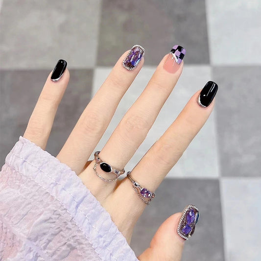Enchanted Elegance Medium Square Black and Purple Geode Design Press On Nail Set