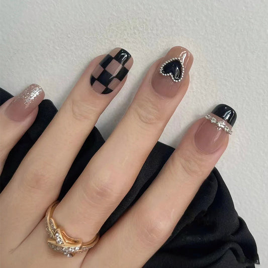 Elegant Evening Medium Squoval Black and Beige Press On Nail Set with Glitter Accent and Rhinestone Embellishments