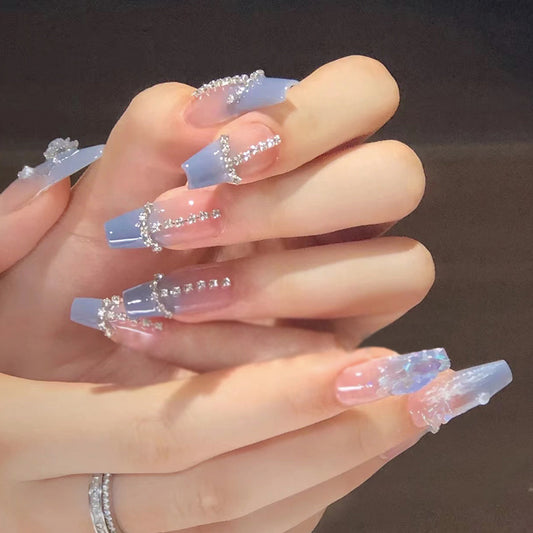 Enchanted Elegance Extra Long Coffin Shaped Baby Blue Press On Nails with Rhinestone Accents