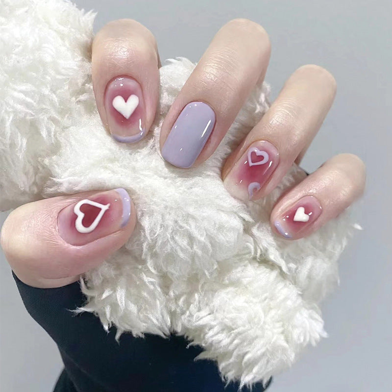 Romantic Affair Medium Square Lavender Press On Nail Set with Heart Accents