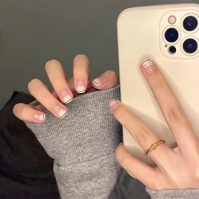Chic Elegance Short Square Shape Elegant Transparent Beige with Minimalist Black Lines Nail Set