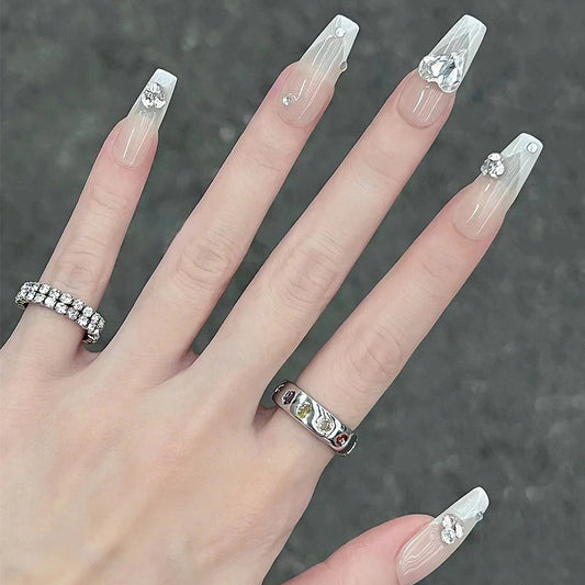Glamour Goddess Extra Long Coffin Clear Press on Nails with Rhinestone Accents