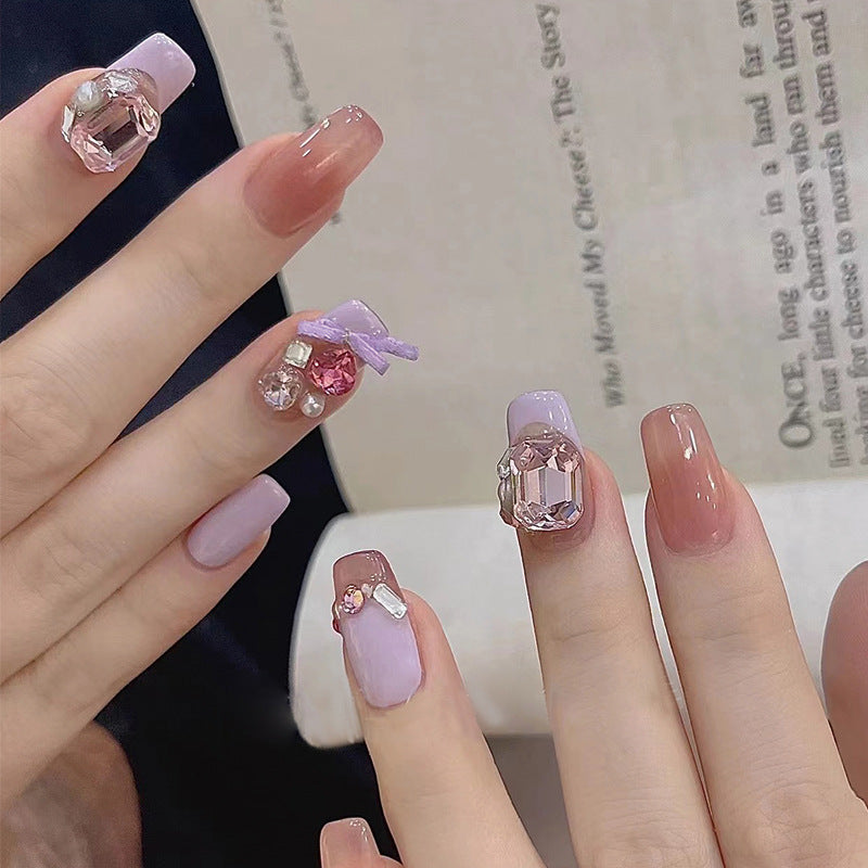 Elegant Affair Long Coffin Lavender Press On Nails Set with Glittering Gem Accents