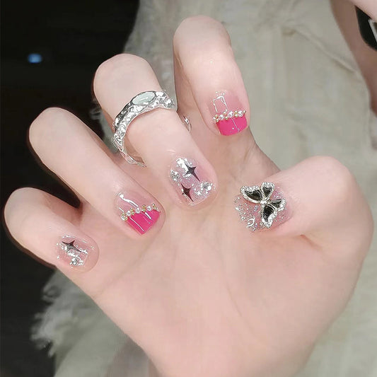 Enchanted Glamour Short-Length Square Pink Press On Nails with Sparkling Rhinestone Accents