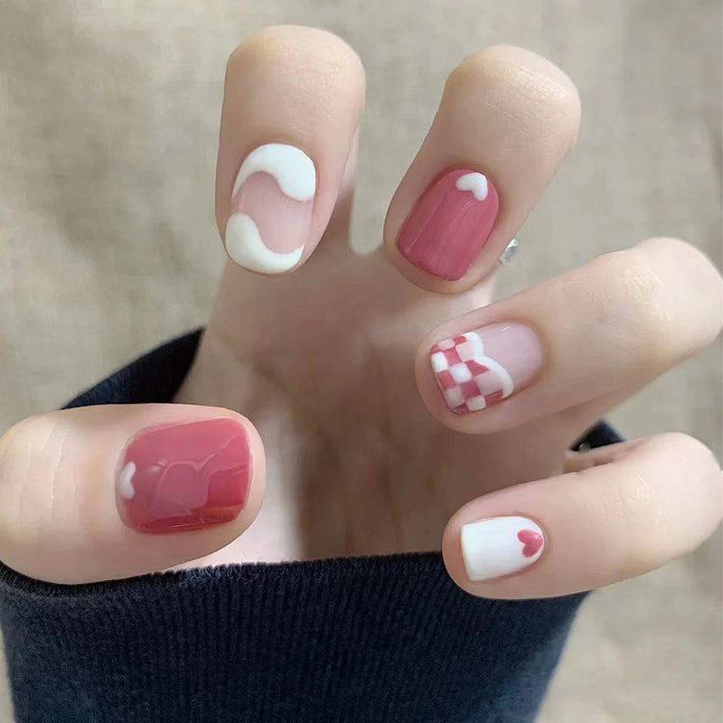 Valentines Charm Short Squoval Pink and White Press On Nail Set with Heart Accents and Checkerboard Design