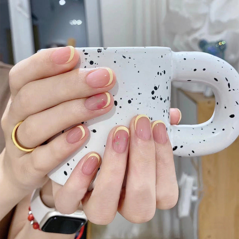 Summer Glow Short Round Peach Press On Nails with Gold Accent Trim