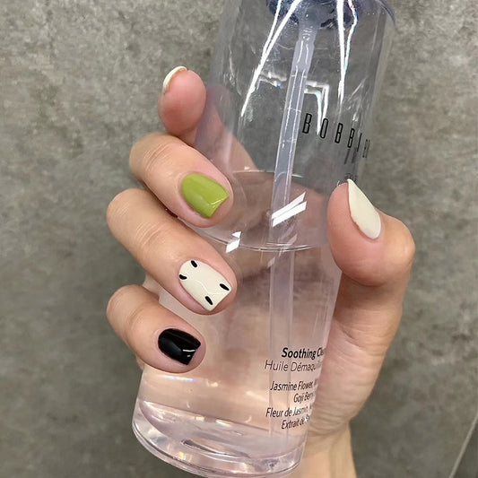 Chic Monochrome Oasis Short Square Press On Nails in Black White and Green with Abstract Dot Design