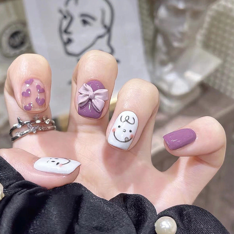 Enchanting Lavender Short Square Press On Nail Set with Adorable Bear Accents and 3D Bow Design