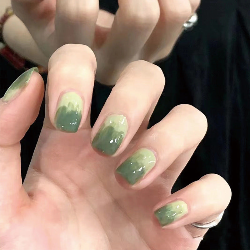 Enchanted Forest Short Square Olive Green Ombre Press On Nail Set with Shimmer Accent