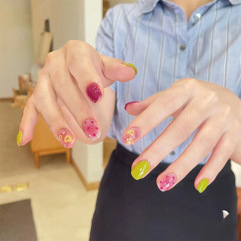 Summer Fruit Fiesta Short Length Oval Press On Nails in Pink & Yellow with Pizza Slice Accent Design