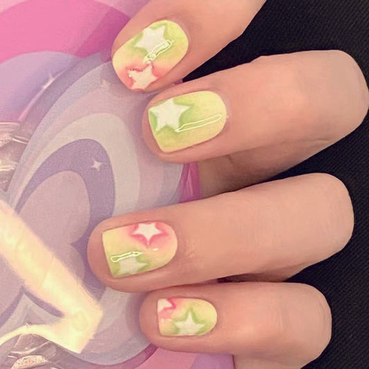 Enchanted Glow Short Square Pastel Neon Ombre Press On Nail Set with Star Accents