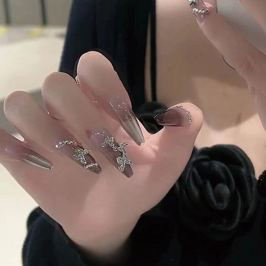 Elegant Evening Wear Long Coffin Clear Press On Nails with Sparkling Butterfly Accents