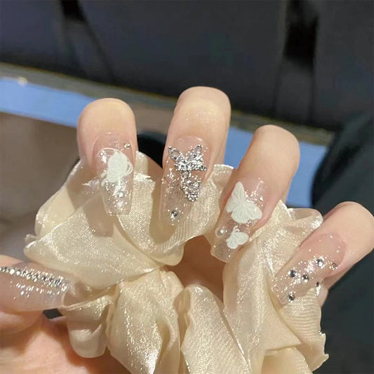 Enchanted Butterfly Theme Long Coffin Shaped Beige Press On Nails with Glitter and 3D White Butterfly Accents