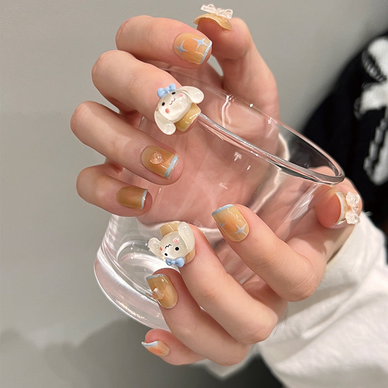 Whimsical Bear Charm Short Square Beige Press On Nail Set With Adorable 3D Decorations