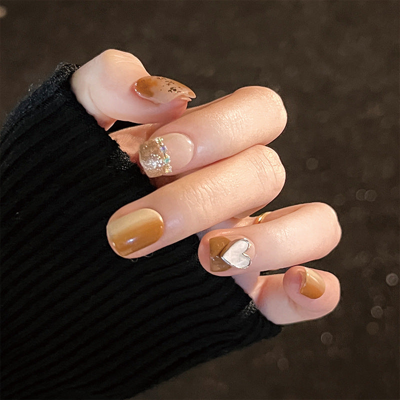 Autumn Elegance Medium Length Square Beige Glitter Accent Press On Nail Set with Heart Design Detail