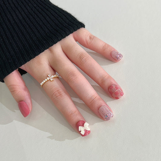 Spring Blossom Collection Short Square Pink Press On Nail Set with Glitter Accents and 3D Butterfly Applique