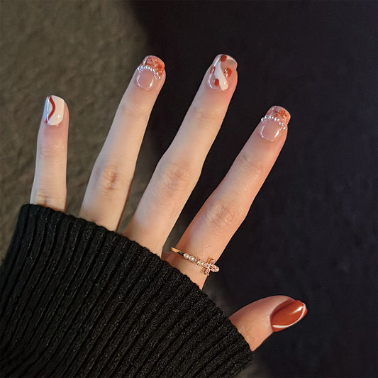 Autumn Elegance Short Square Burnt Orange Press On Nails with Rhinestone Accents