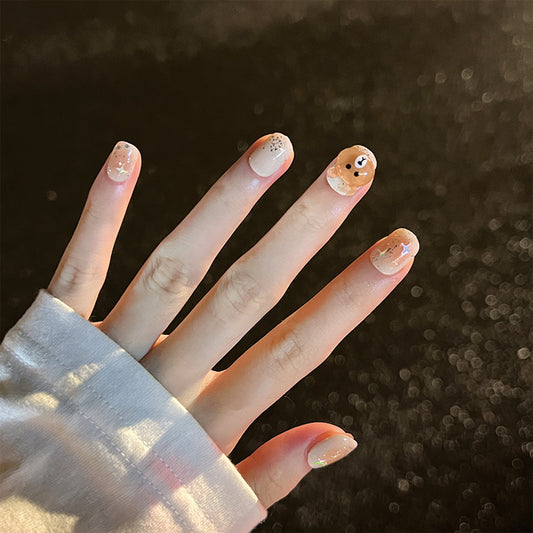 Starry Autumn Bliss Short Squoval Beige Press On Nail Set with Sparkling Accents