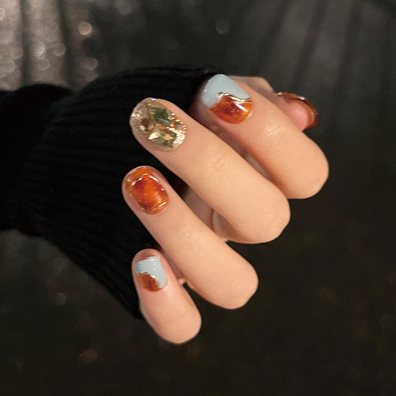 Autumn Elegance Short Length Square Shape Burnt Orange and Pale Blue Press On Nails with Gold Foil Accents