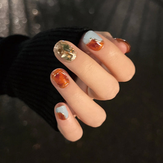 Autumn Elegance Short Length Square Shape Burnt Orange and Pale Blue Press On Nails with Gold Foil Accents
