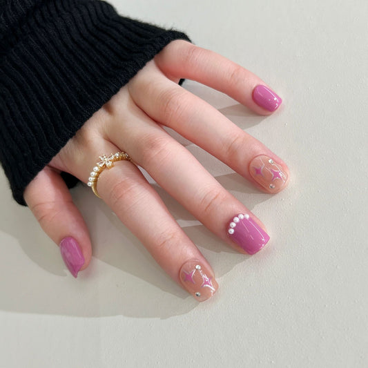 Enchanted Garden Short Length Square Shape Pastel Purple Press On Nail Set with Sparkling Accents and Floral Design