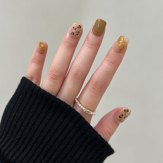 Autumn Elegance Short Length Square Press On Nail Set in Earthy Tones with Gold Leaf Accents