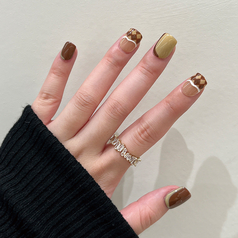 Autumn Elegance Short Square Brown and Olive Press On Nail Set with Gold Accents
