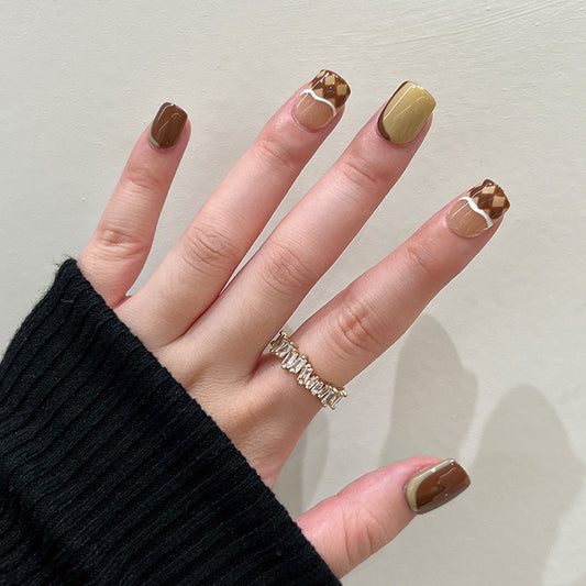 Autumn Elegance Short Square Brown and Olive Press On Nail Set with Gold Accents