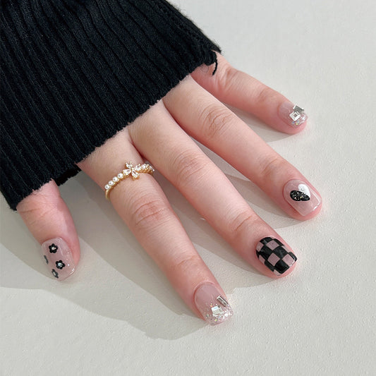 Glamour Chic Short Square Black and Pink Press On Nail Set with Rhinestone Accents and Checkered Pattern