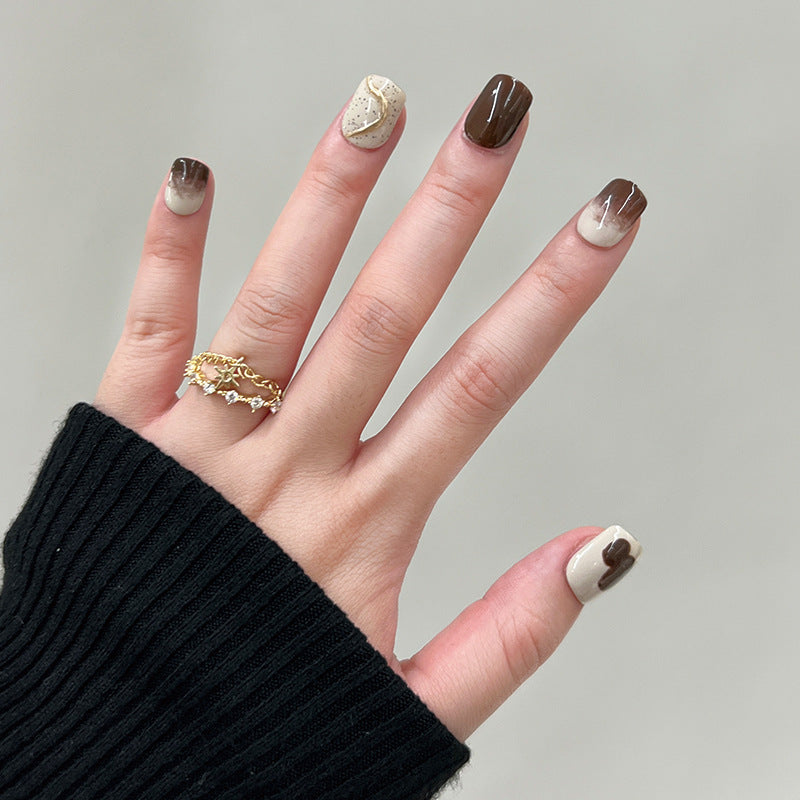 Autumn Elegance Short Square Brown Press On Nails with Gold Flakes Design