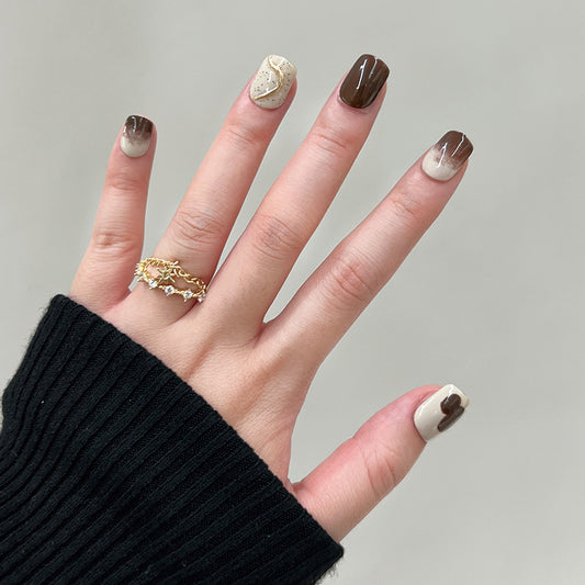 Autumn Elegance Short Square Brown Press On Nails with Gold Flakes Design