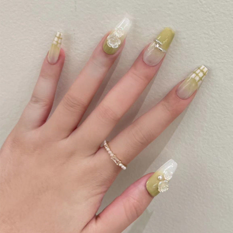 Bohemian Flair Long Coffin Olive Green Press On Nail Set with Metallic Accents and 3D Embellishments