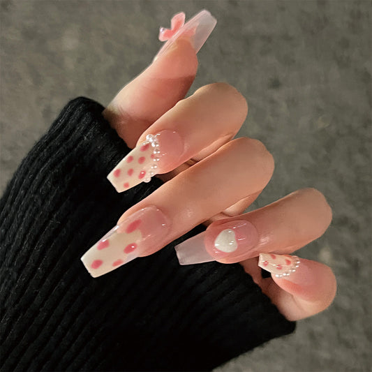 Cherry Blossom Festival Long Coffin Pink Ombre Press On Nails with Polka Dots and Rhinestone Accents