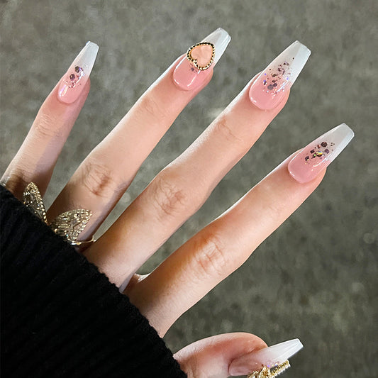 Enchanting Elegance Extra-Long Coffin Pink Ombre Press On Nails with Rhinestone Accents and Glitter Details