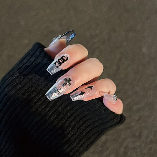 Mystical Midnight Long Coffin Shape Black and Silver Glitter Accented Press On Nail Set with Gothic Charms