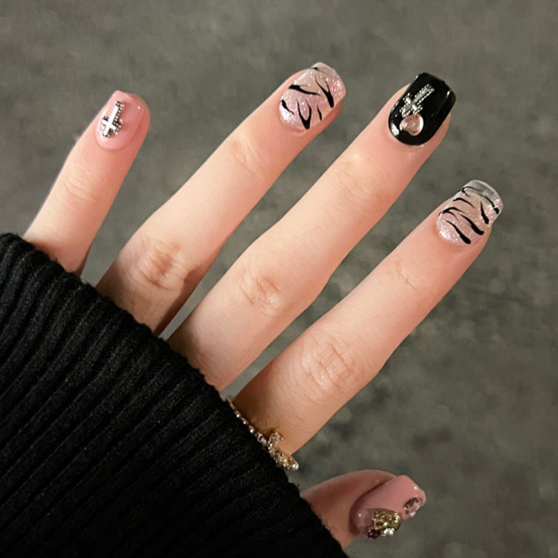 Urban Glam Medium-Length Square-Shaped Black and Pink Press-On Nail Set with Glitter and Animal Print Accents